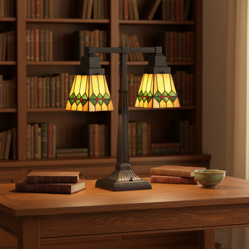 Mission Diamond Desk Lamp Amber Green Lifestyle