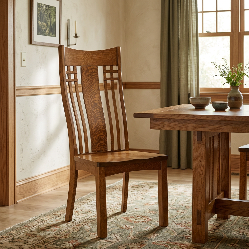 Mission side chair in a warm upscale Arts and Crafts dining room