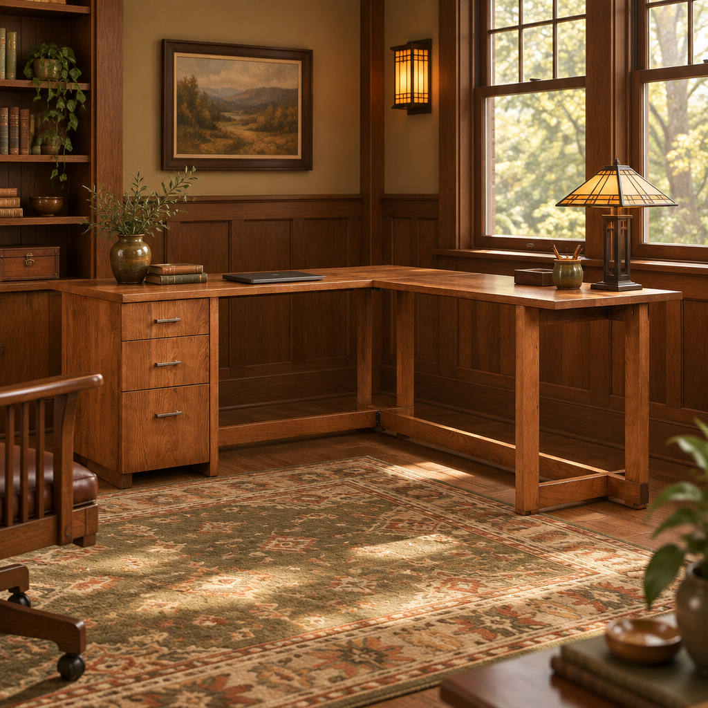 Montrose L-Desk in a warm Craftsman home office