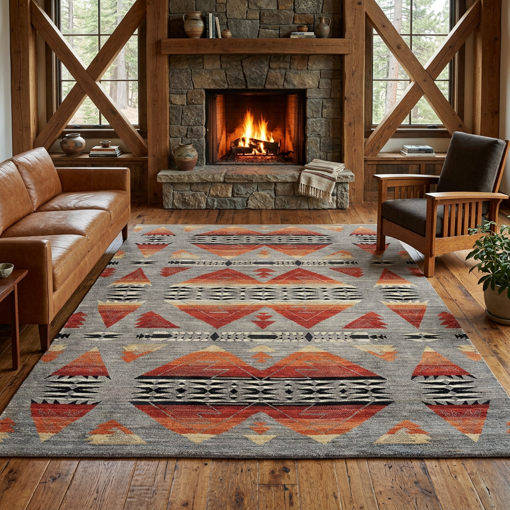 Mt. Zion rug in a cozy Craftsman cabin with a stone fireplace