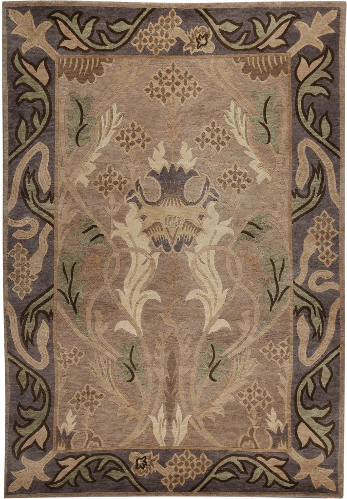 Decorative rug with intricate patterns on a brown background