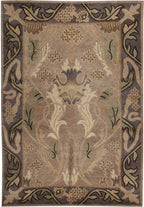 Decorative rug with intricate patterns on a brown background