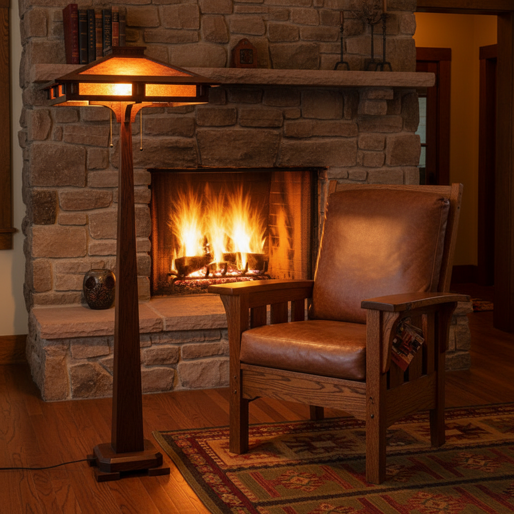 Prairie Craftsman Floor Lamp - Morris Chair & Fireplace