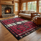 Red geometric rug in a cozy Craftsman cabin with a stone fireplace