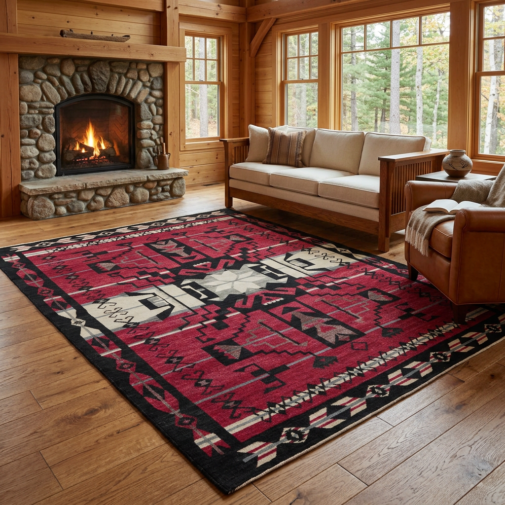 Red geometric rug in a cozy Craftsman cabin with a stone fireplace
