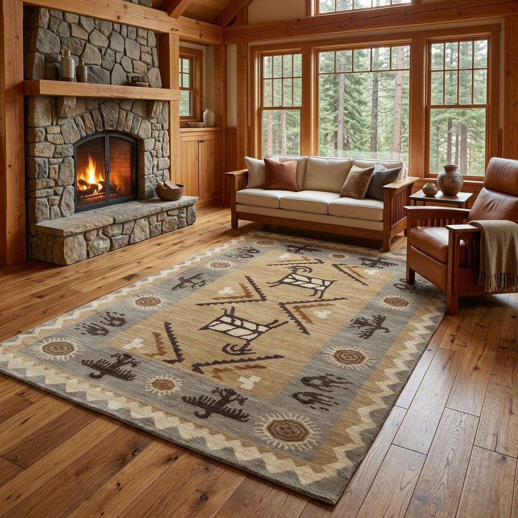 Rock-art patterned rug in a cozy cabin with a glowing stone fireplace