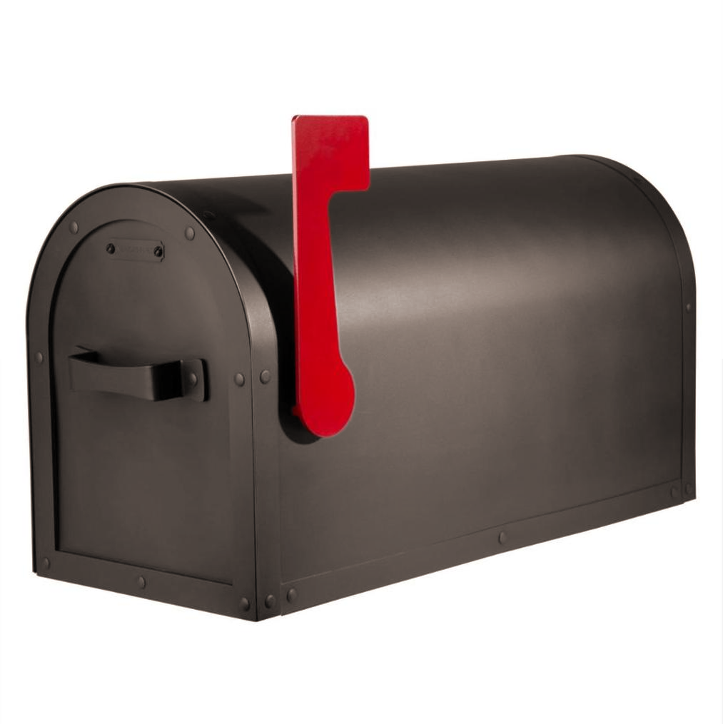 A matte black metal mailbox with a bright red flag, shown at a three-quarter angle on a plain white background.