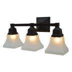 Three-light fixture with black metal frame and white glass shades on a white background