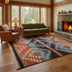 Rug in a cozy Craftsman cabin with a glowing stone fireplace
