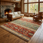 Rug in a cozy Craftsman cabin with a glowing stone fireplace