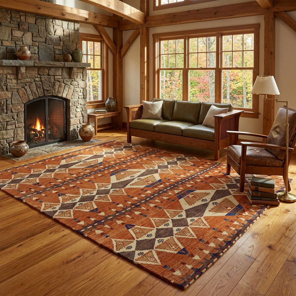 Rug lifestyle scene in a warm Craftsman cabin