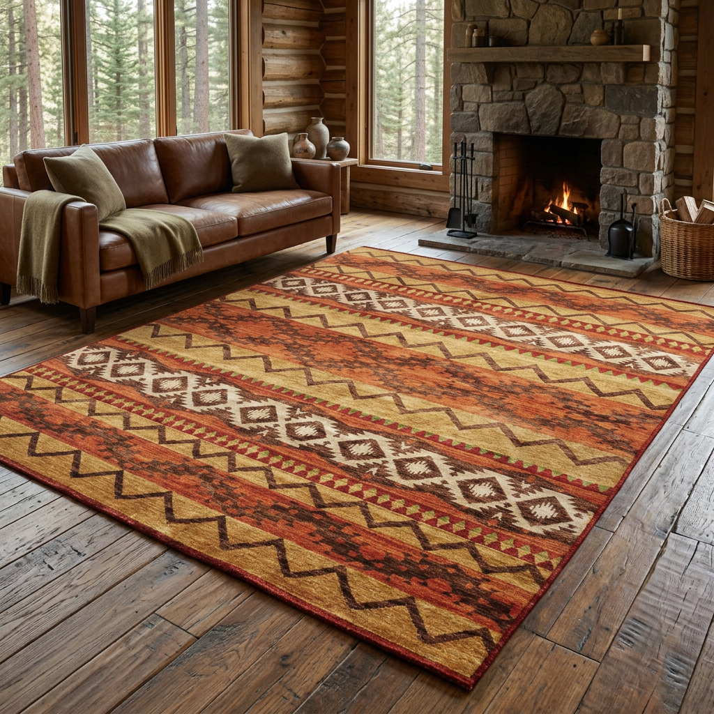 Rust and gold geometric rug in a warm timber cabin