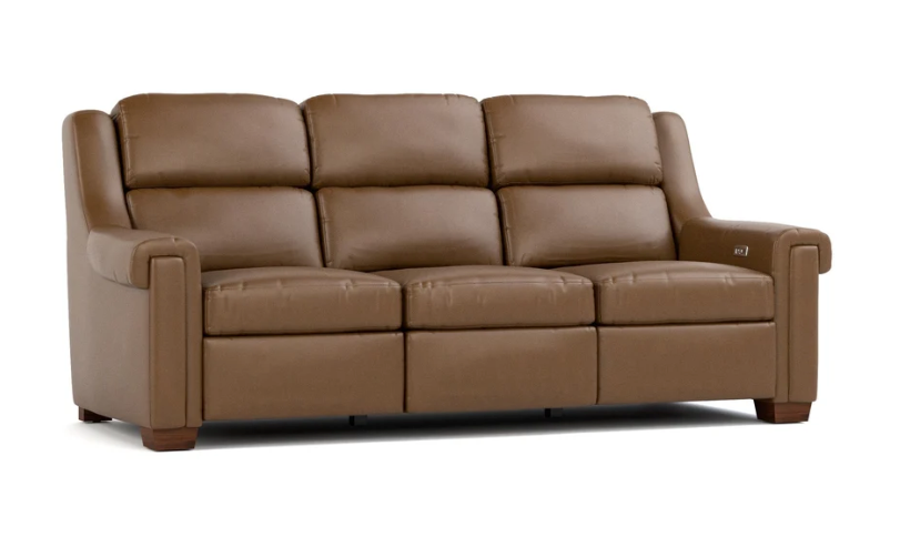 A three-seater brown leather reclining sofa with padded back cushions and armrests, shown on a plain white background.