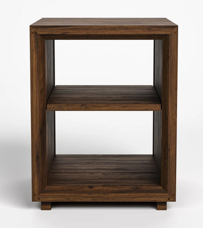 A dark brown wooden two-tier side table or shelf with a minimalist open design, shown against a plain white studio background.