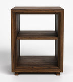 A dark brown wooden two-tier side table or shelf with a minimalist open design, shown against a plain white studio background.