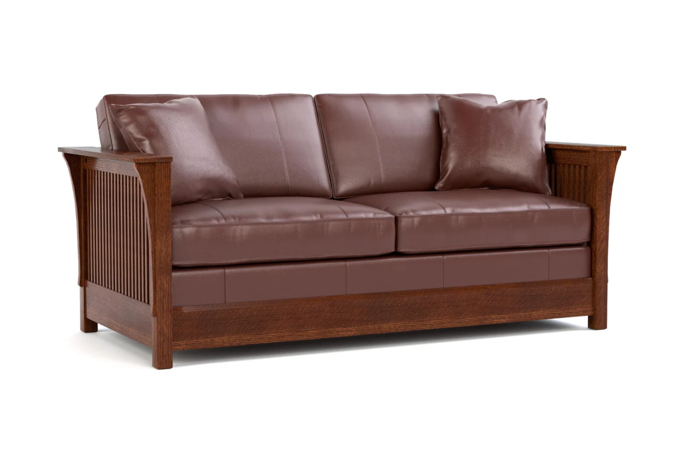 A sofa with brown leather cushions and a medium brown wooden frame, shown from a three-quarter angle on a white background.