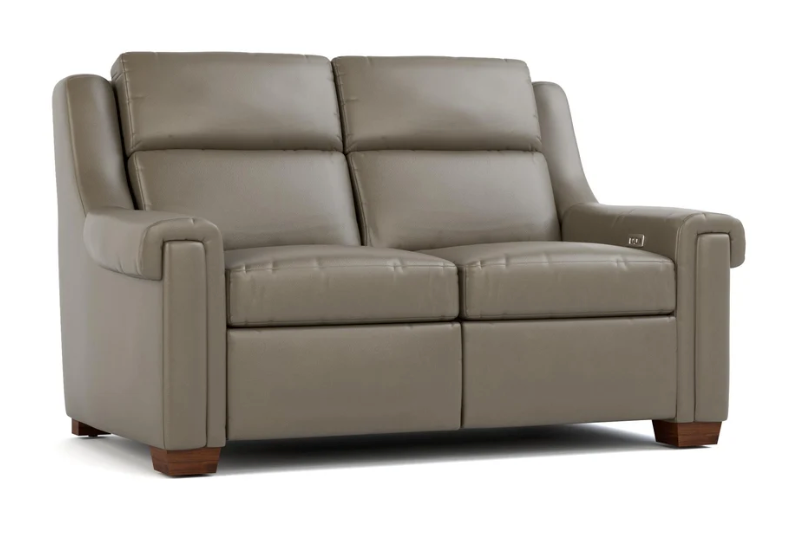 A modern two-seater sofa upholstered in taupe leather with dark brown wooden feet, shown from a three-quarter angle on a white background.