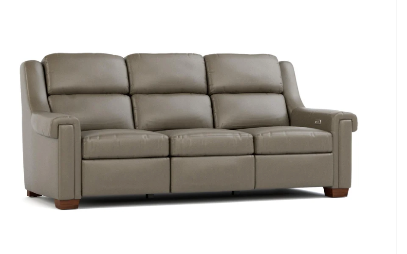 A three-seat leather reclining sofa in taupe brown, shown from a three-quarter angle against a white background.
