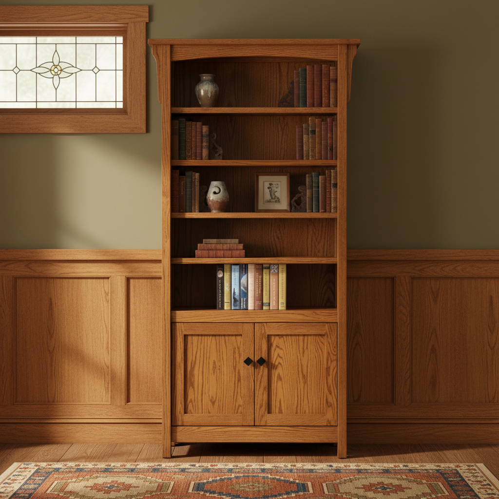 Square Arts and Crafts lifestyle image featuring the Bridger Mission bookcase with doors