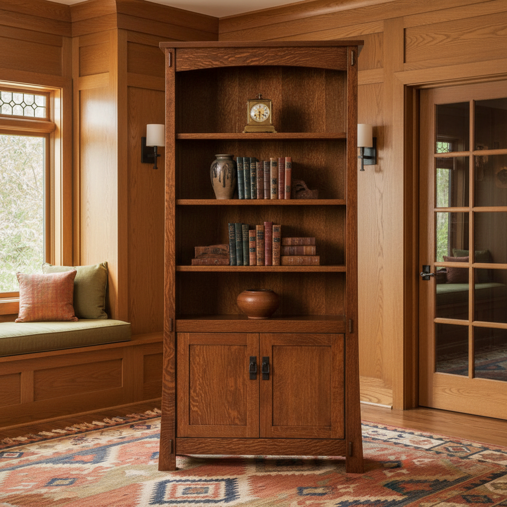 Square Arts and Crafts lifestyle image featuring the Modesto bookcase with doors