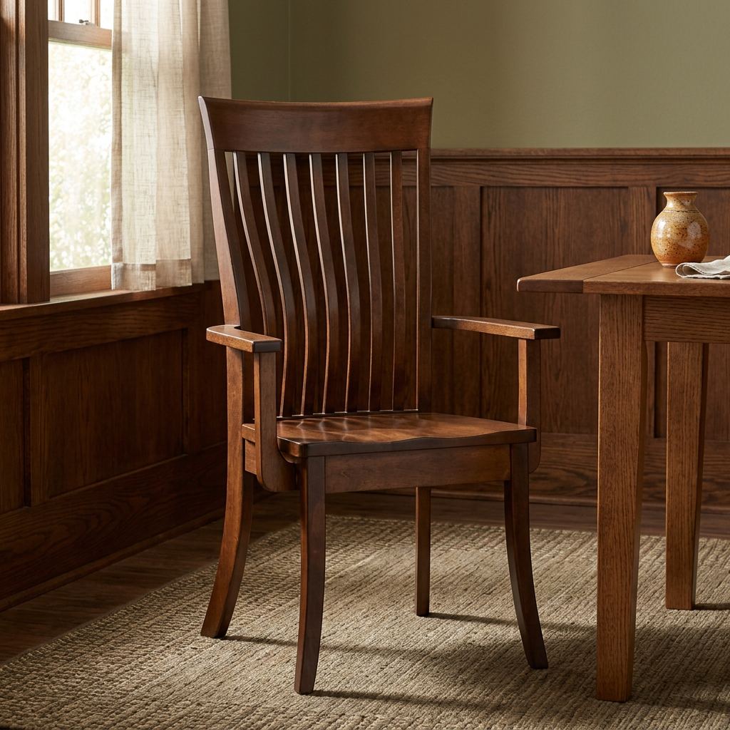 Square lifestyle image of the armchair in a warm Craftsman dining nook