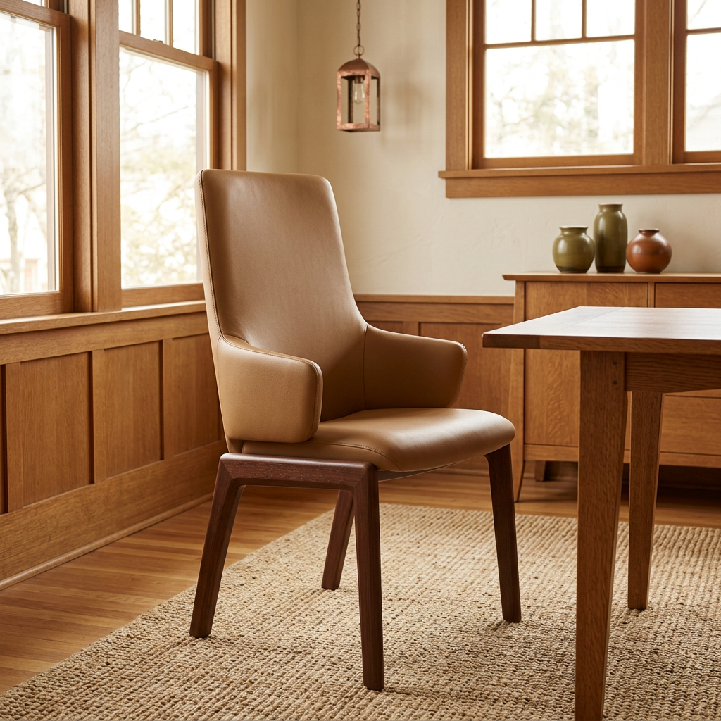 Square lifestyle image of the Laurel highback chair in a warm Craftsman dining corner