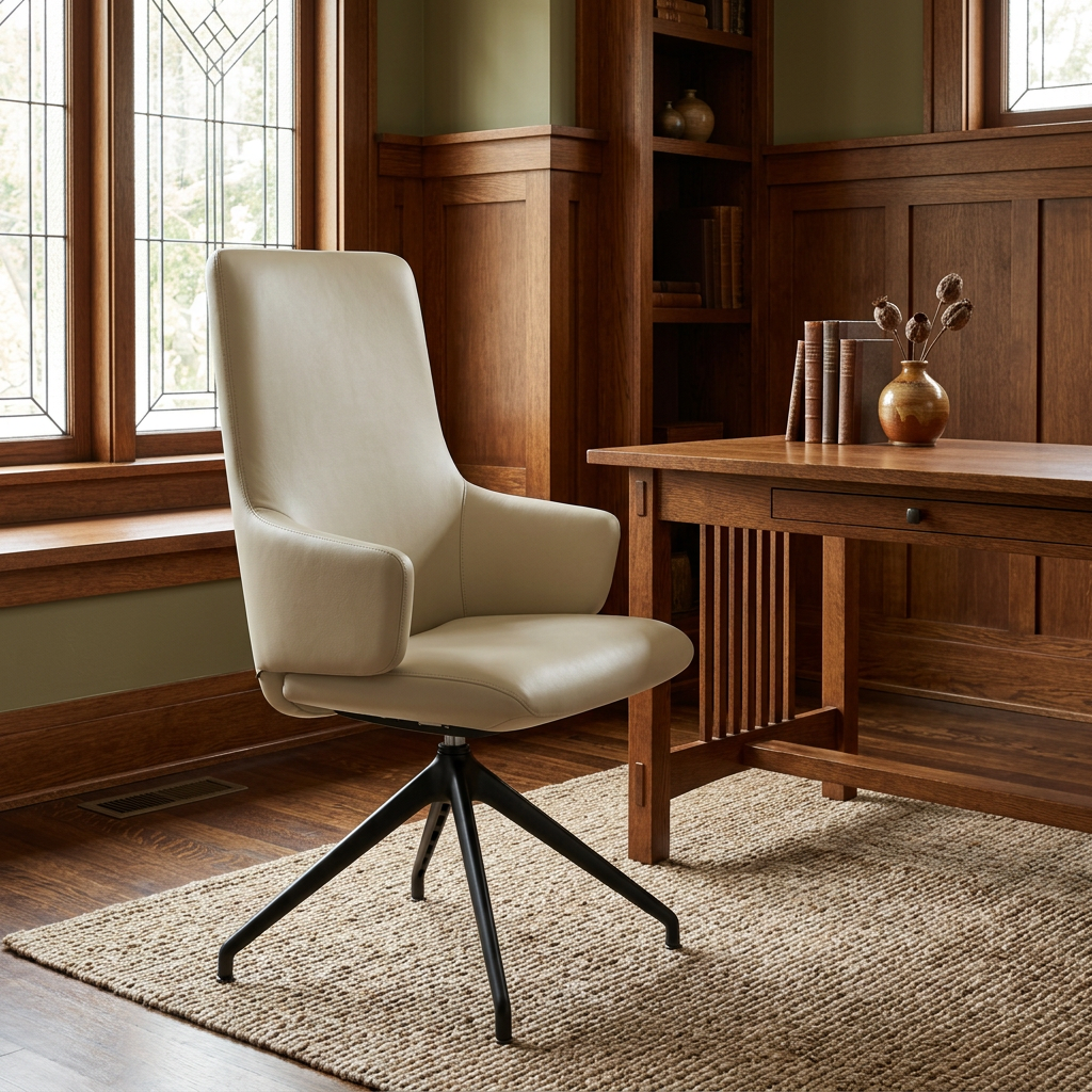 Square lifestyle image of the Laurel highback chair in a warm Craftsman study