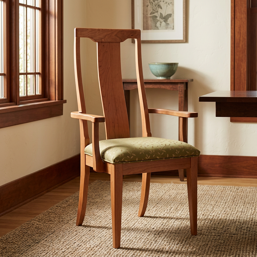 Square lifestyle image of the olive-upholstered armchair in a Craftsman breakfast room