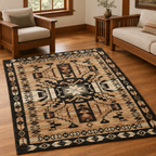 Square lifestyle image of the rug in a warm Craftsman sitting room
