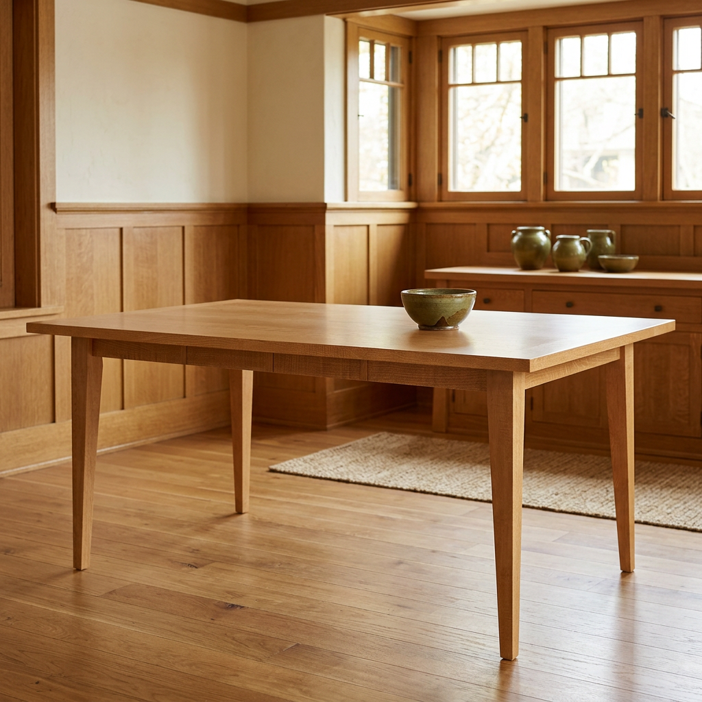 Square lifestyle image of the table in a warm Craftsman dining room
