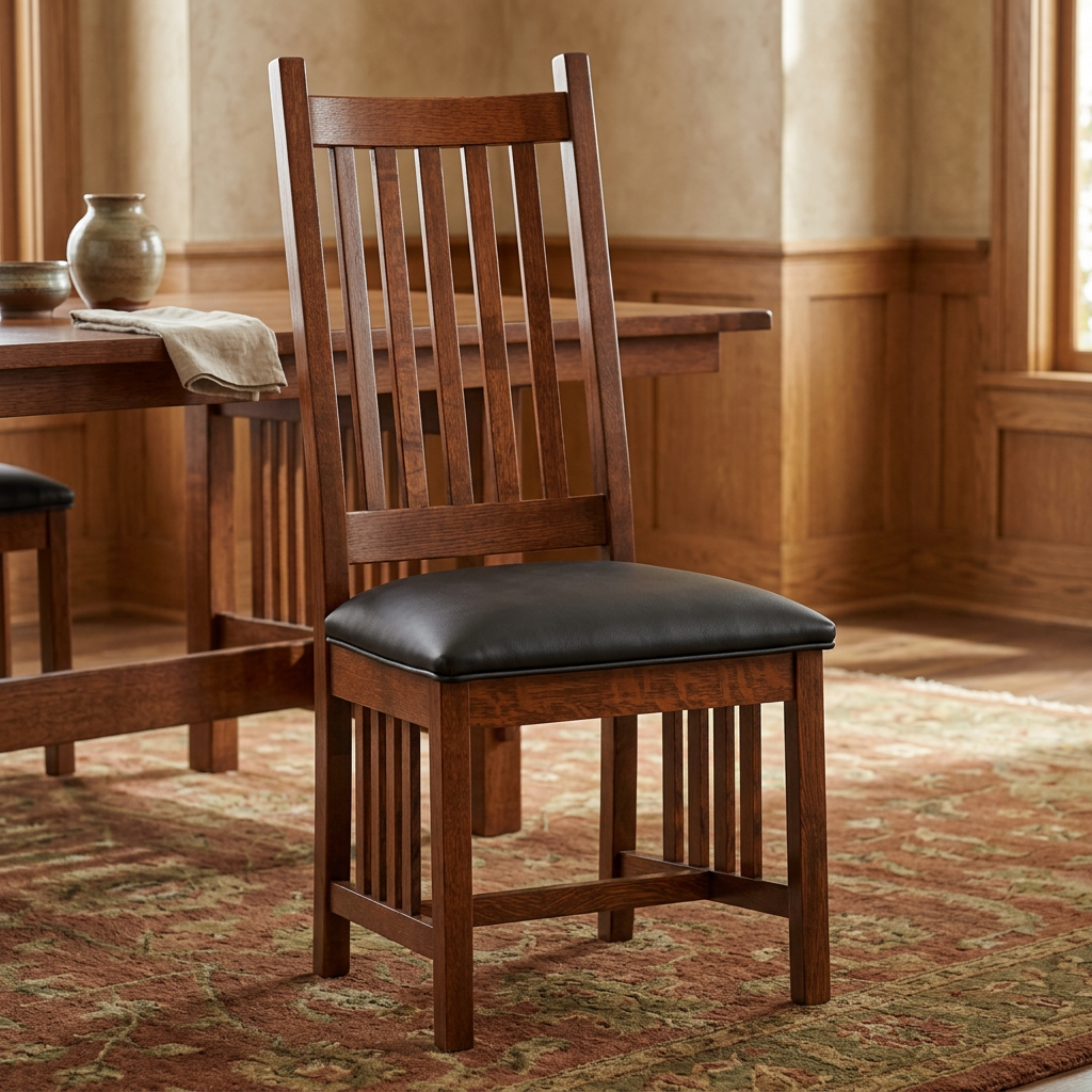 Square lifestyle image of the upholstered chair in a warm Craftsman dining room