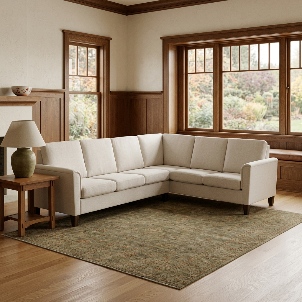Square sectional lifestyle image in a warm Craftsman living room