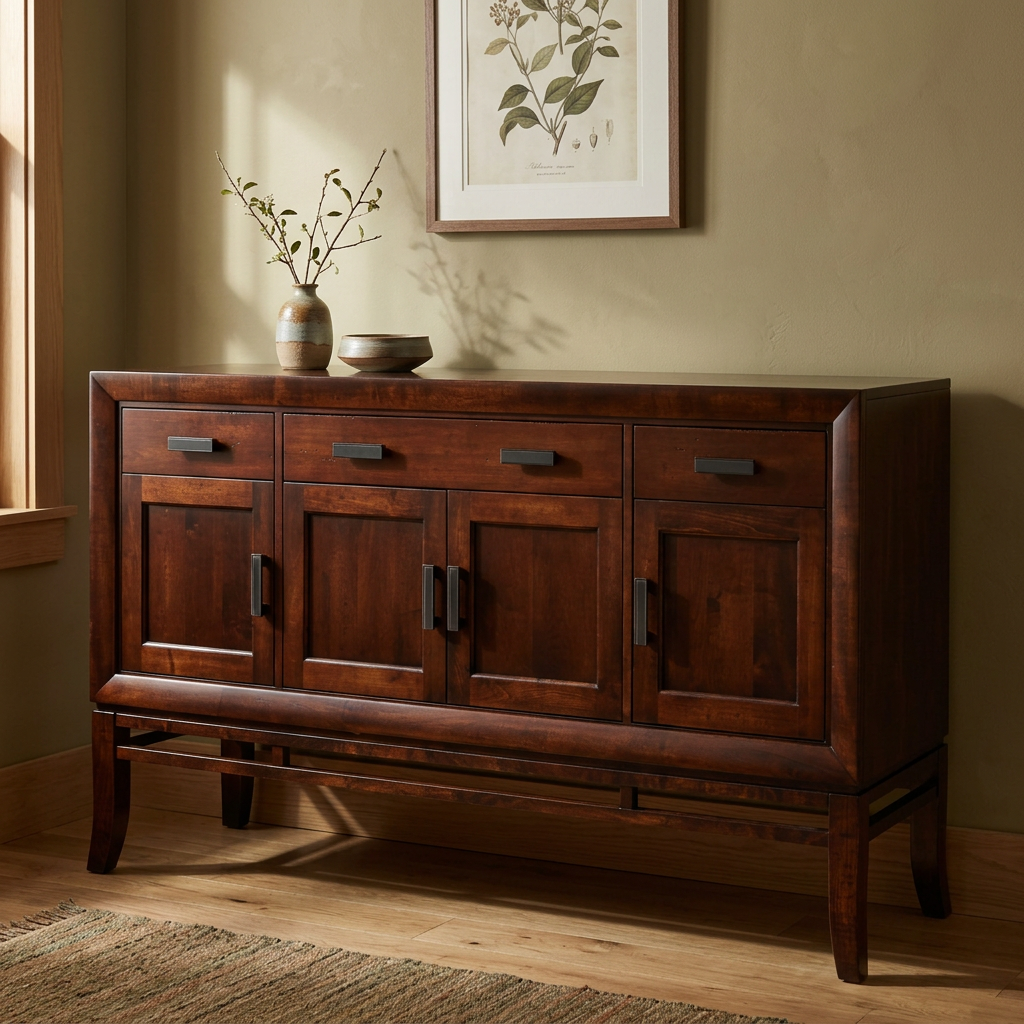 Square sideboard lifestyle image in a warm Craftsman dining room