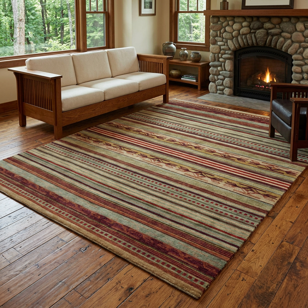 Striped rug in a cozy Craftsman cabin with a glowing fireplace