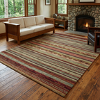 Striped rug in a cozy Craftsman cabin with a glowing fireplace
