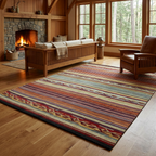 Striped rug in a cozy Craftsman cabin with a stone fireplace