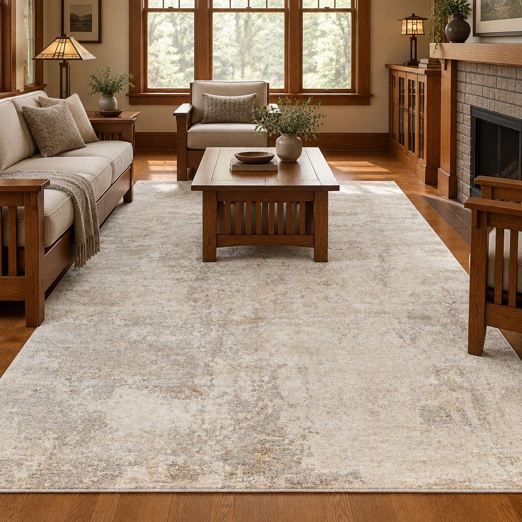 Surya Imola rug in a warm Mission-style living room