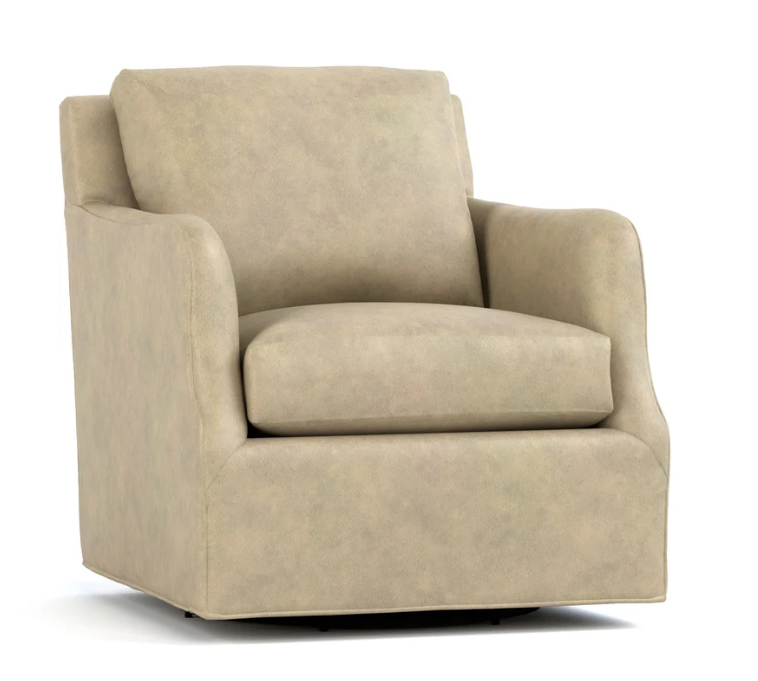 A beige upholstered armchair with a high back, wide armrests, and a swivel base, shown on a plain white background.