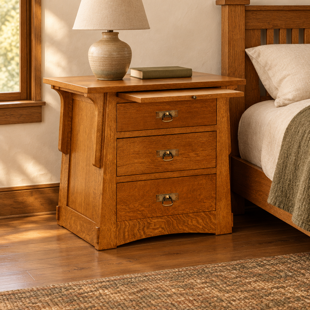 Three-drawer nightstand in a warm Craftsman bedroom