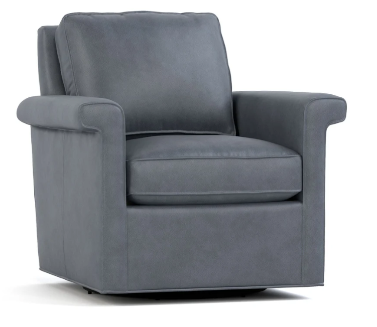 A gray upholstered armchair with a high back, wide armrests, and a swivel base, shown on a plain white background.