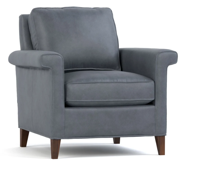 A classic gray upholstered armchair with dark brown wooden legs, shown from a three-quarter angle on a white background.