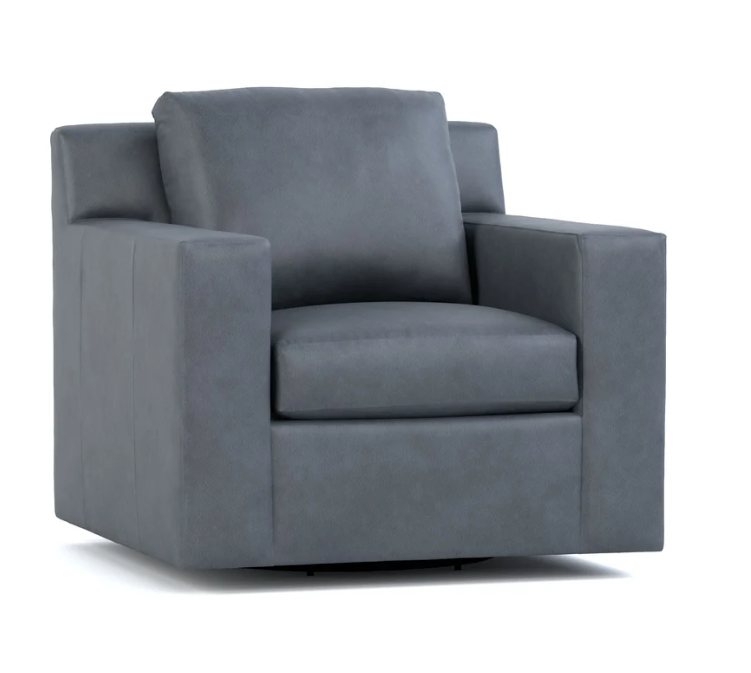 A modern gray upholstered armchair with a square back cushion, wide armrests, and a low rounded base, shown on a clean white background.