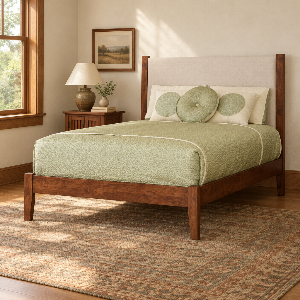 Tucson fabric bed in a warm Craftsman bedroom