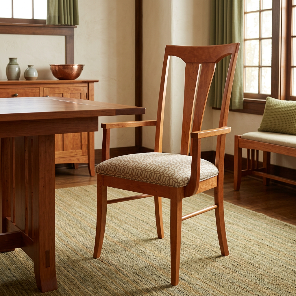 Upholstered wood armchair in a warm Arts and Crafts dining room