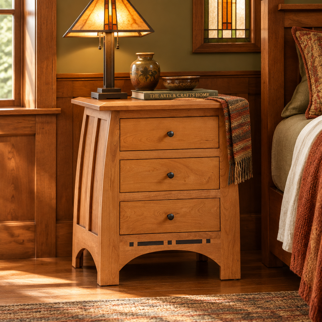 Vineyard 3-Drawer Nightstand lifestyle image in an Arts & Crafts bedroom