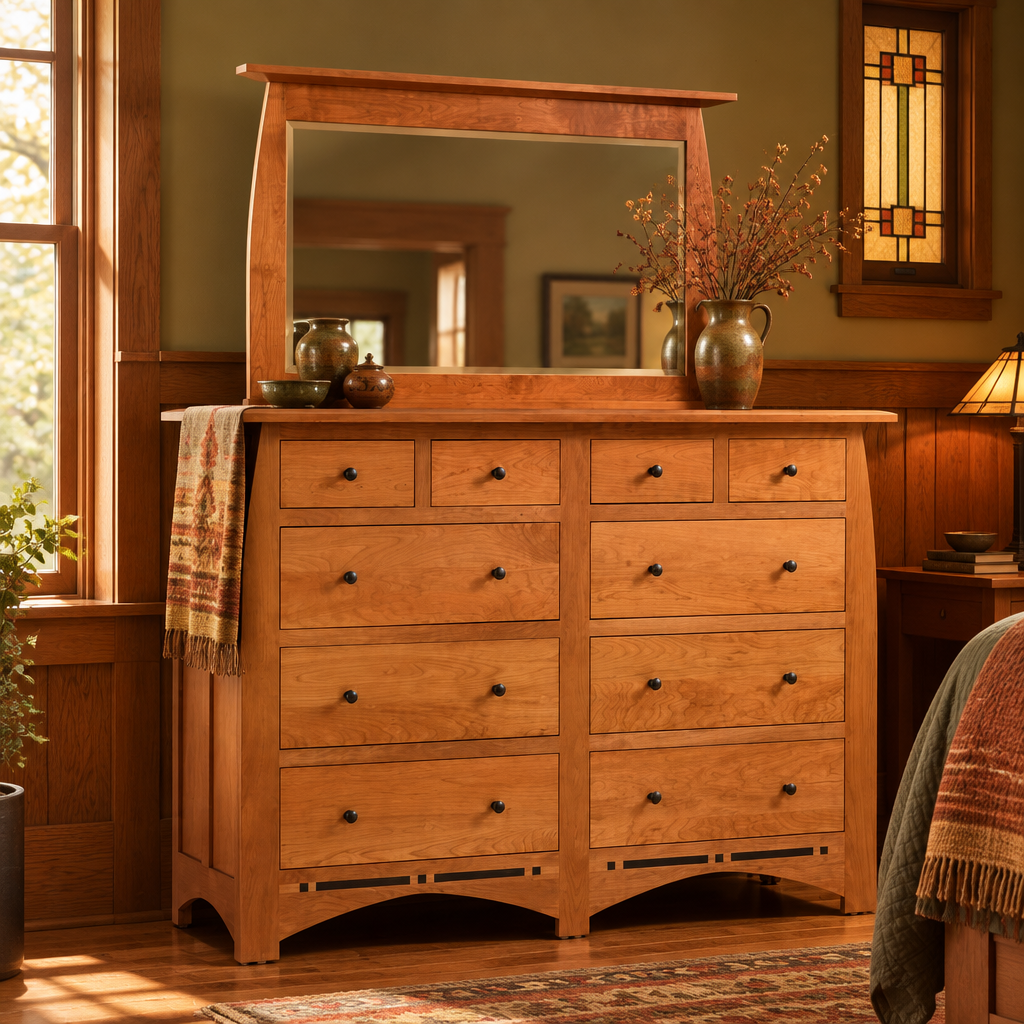 Vineyard High Dresser with mirror lifestyle image in an Arts & Crafts bedroom