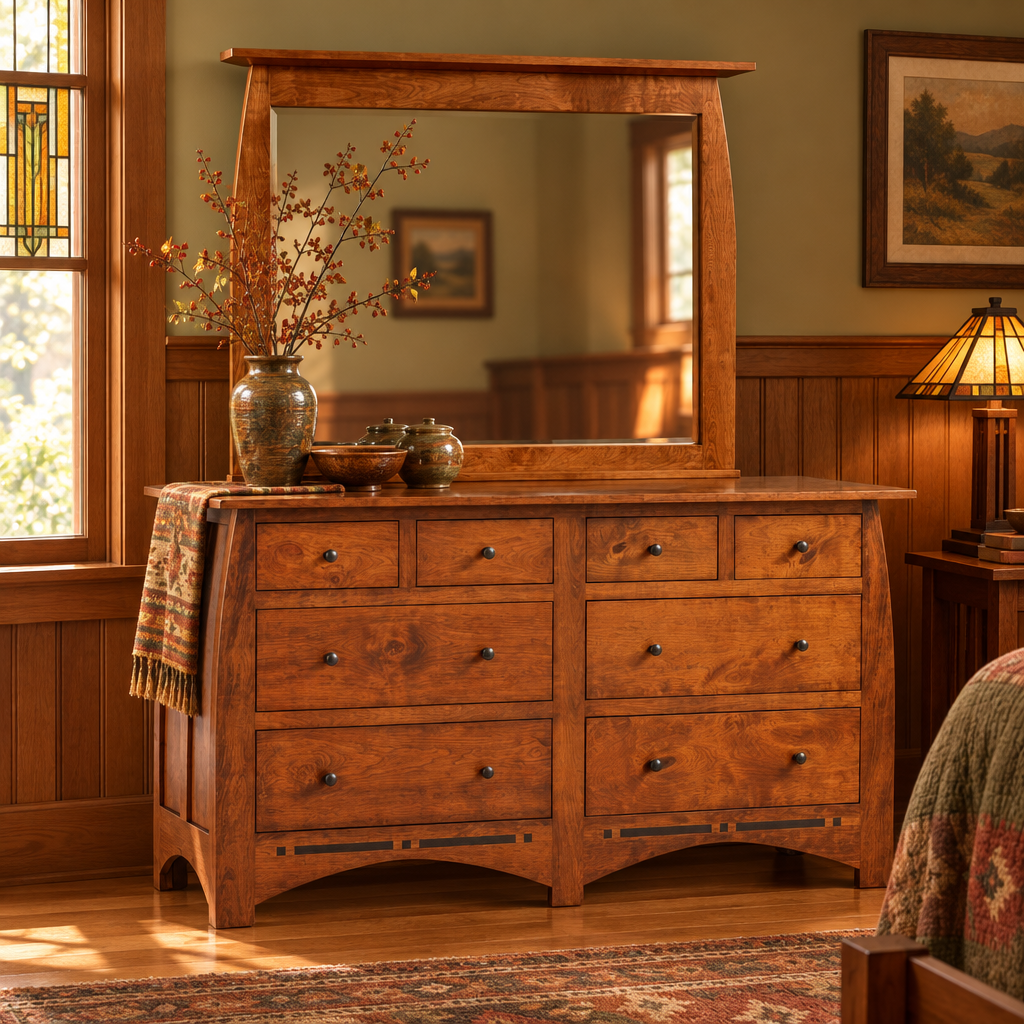 Vineyard Low Dresser with mirror lifestyle image in an Arts & Crafts bedroom