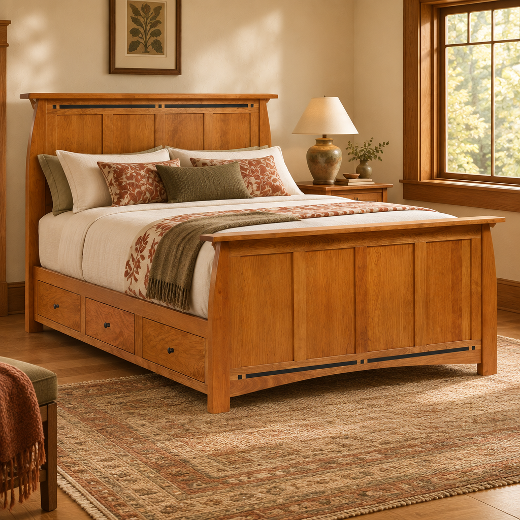 Vineyard panel bed in a warm Craftsman bedroom