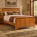 Vineyard panel bed in a warm Craftsman bedroom