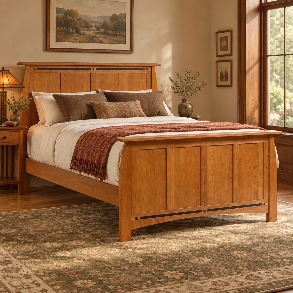 Vineyard panel bed in a warm Craftsman bedroom